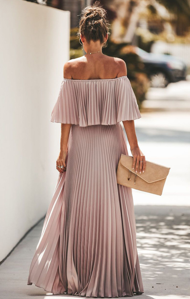 Women Bohemian Off Shoulder Pleated ...